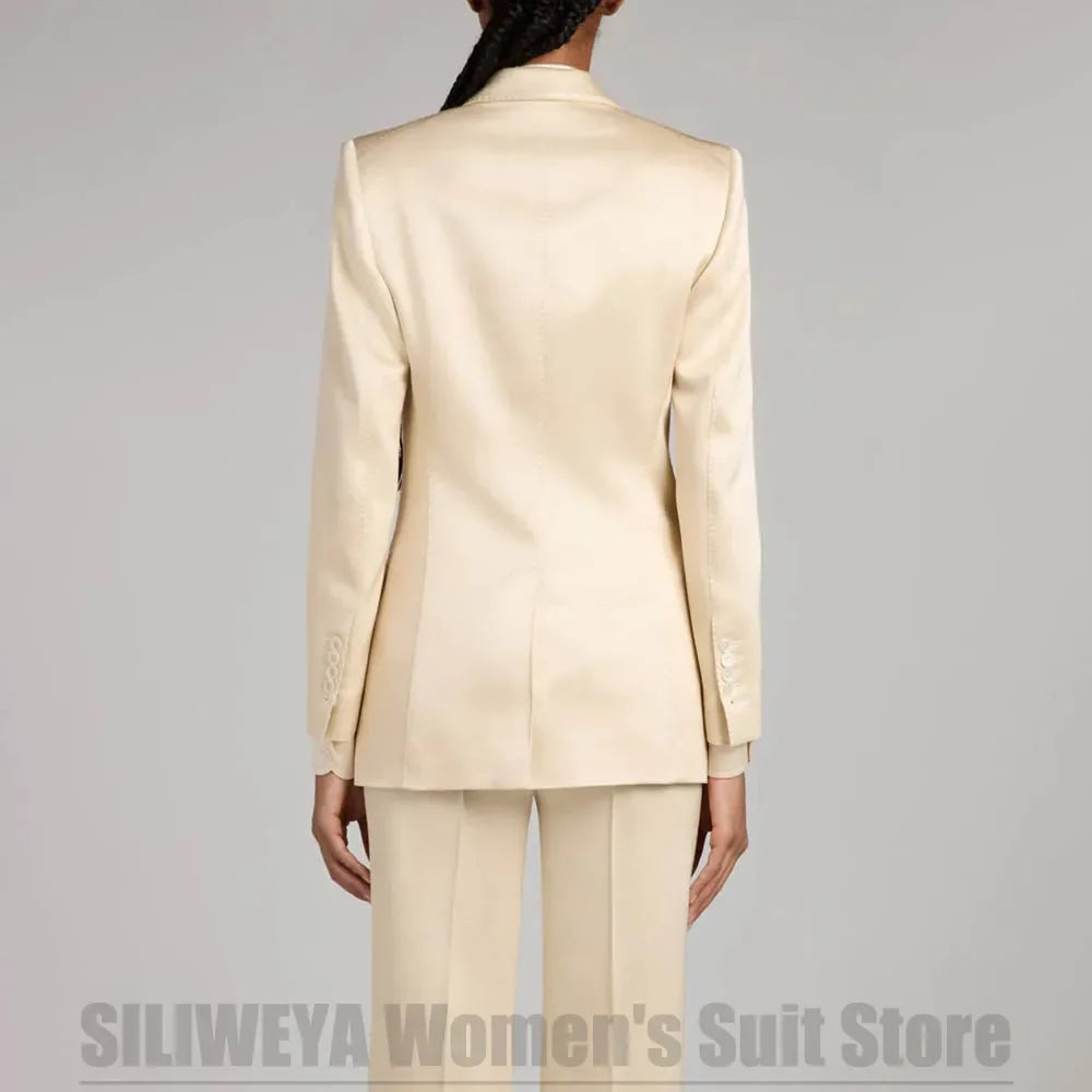 Chic Satin Women's Double Breasted Suit 2 Piece Peak Lapel Formal Outfit for Wedding Prom Business Event Shiny Fabric Suits