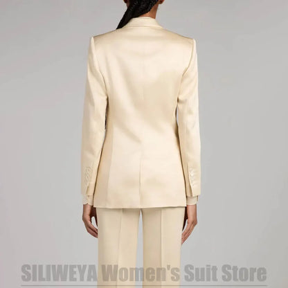Chic Satin Women's Double Breasted Suit 2 Piece Peak Lapel Formal Outfit for Wedding Prom Business Event Shiny Fabric Suits