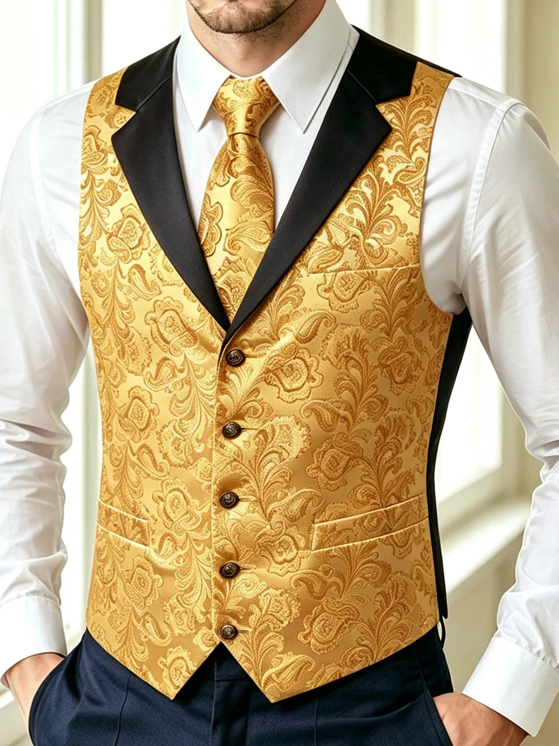 Men's Jacquard Floral Vest & Bowtie Set for Wedding & Formal Events – Yellow