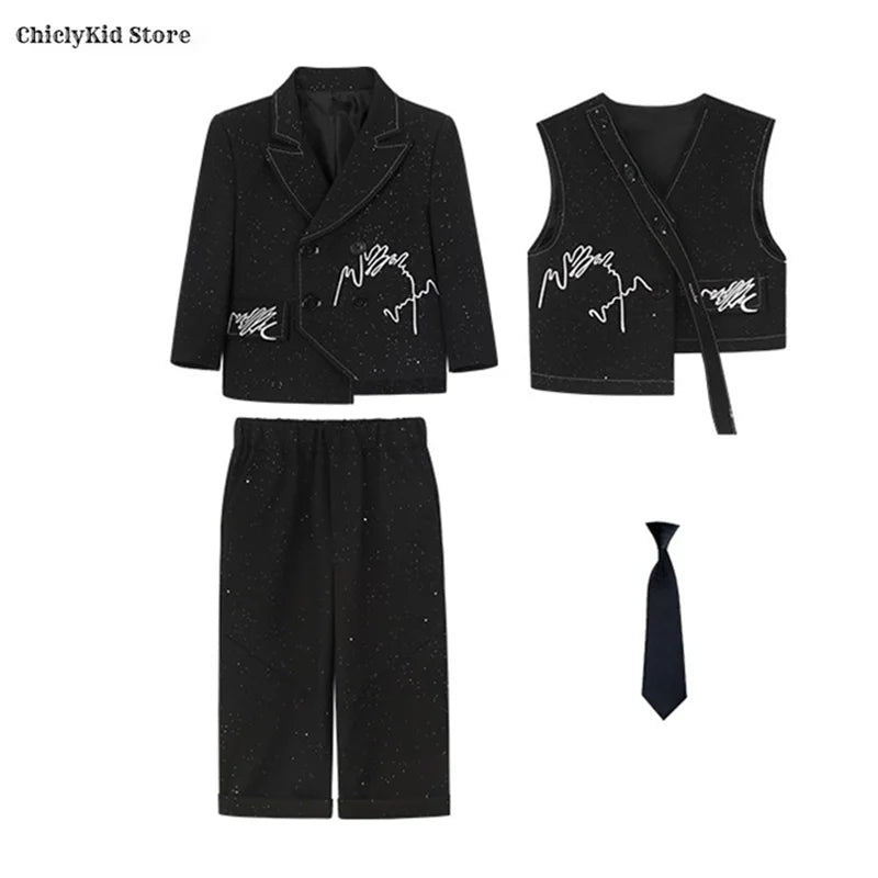 Boys Solid Double Breasted Blazer Jack Vest Pants Children Suit Waistcoat Wedding Clothes Sets Toddler Formal Dress Kids Tuxedos