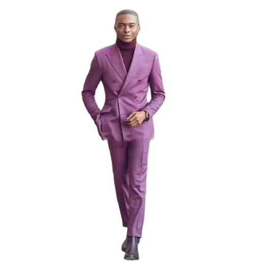 Elegant Purplish Red Blazer Men's Clothing Peaked Lapel Double Breasted Slim Fit Formal 2 Piece Jacket Pants Suits Terno Hombre