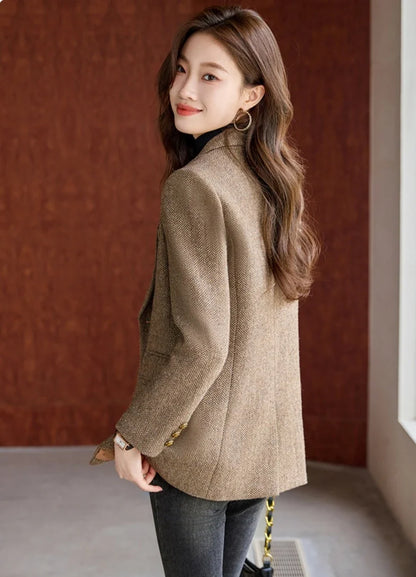 Fashion Grey Blazer Women Coffee Long Sleeve Casual Jacket for Autumn Winter Female Coats Double-Breasted Suit Women’s Clothing