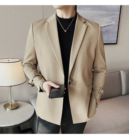 Men's Slim Fit Blazer Metal Buckle Decoration Smart Casual Wedding Party Jacket