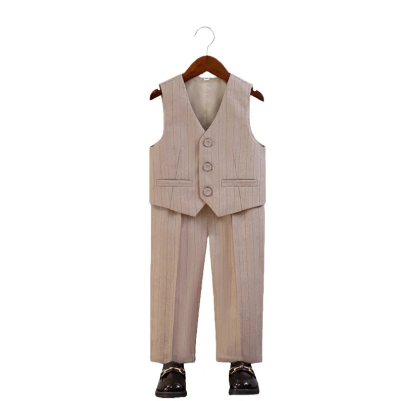 Kids Striped Suit Set Flower Boys Wedding Outfit Children's Jacket Vest Pants Bowtie Brooch 5Pieces Spring Autumn Clothes Set