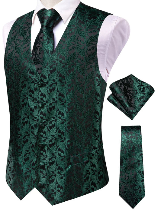 Men's Vest Set Double Breasted Waistcoat with Necktie and Pocket Square for Weddings and Formal Occasions – Dark Green
