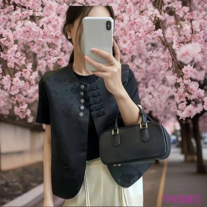 New Chinese Style Buckle Vest Coat For Women New Spring Autumn O-Neck Embroidery Sleeveless Jacket Fashion Jacquard Waistcoat