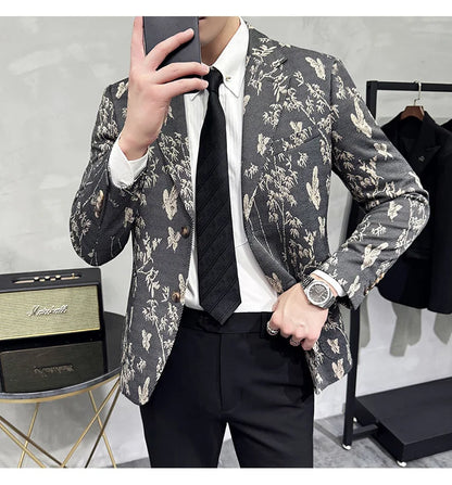 High-end Luxury Printed Slim Fit Suit Jacket For Men 2024 Autumn New Fashion Social Party Casual Suit Coat Swallowtail 4XL-M
