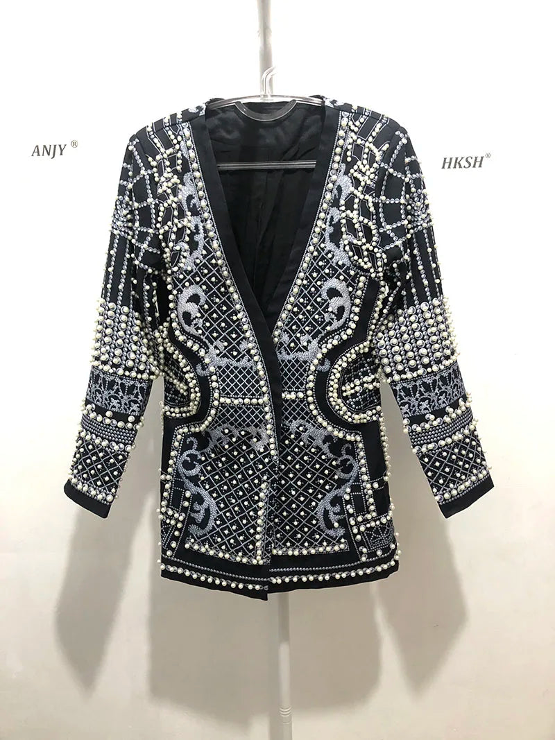 Autumn New Women's Elegant Fashion Luxury Heavy Craft Beaded Printed Coat Stylish V-neck Long Sleeve High-end Blazer HK8297