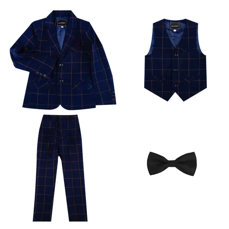Kids Formal Blue Plaid Blazer Set For Wedding Birthday Boys Jacket Vest Pants Bowtie 4Pieces Suit Set for Piano Host Performance