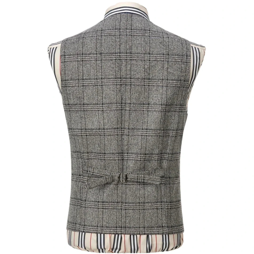 Men's Vest Gray Checkered Single Button V-Neck Waistcoat for Wedding & Business