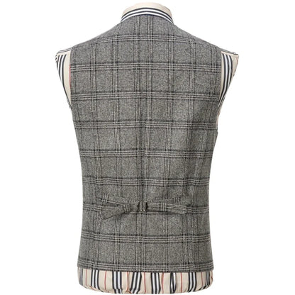 Men's Vest Gray Checkered Single Button V-Neck Waistcoat for Wedding & Business