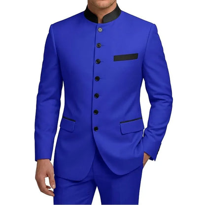 Men's 2-Piece Serge Suit Mandarin Collar Slim Fit Formal Set for Weddings and Business