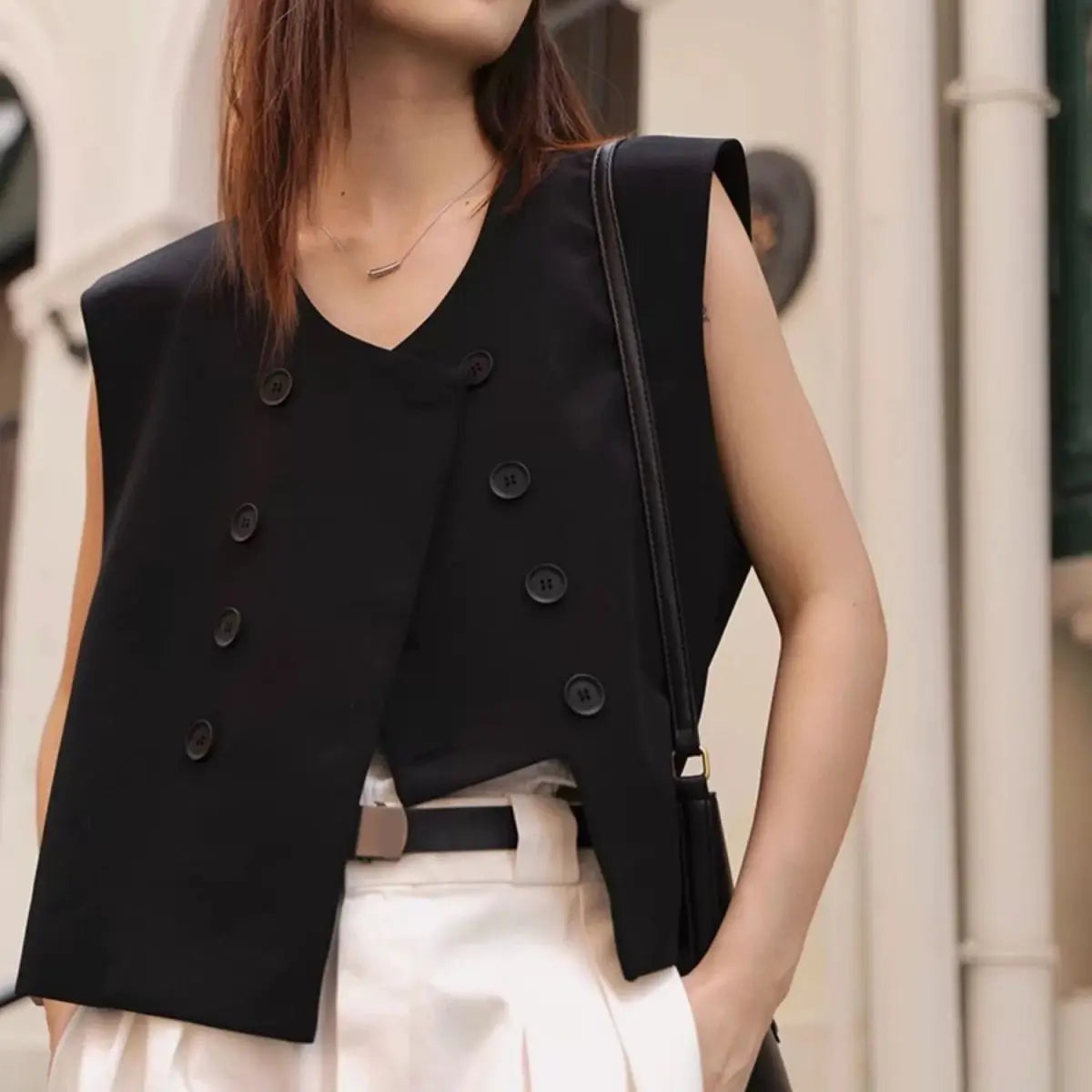 Black Suit Vest Jacket Women Irregular Top 2025 Spring Summer New Double Breasted Casual Thin Shoulder Waistcoat Female Clothes