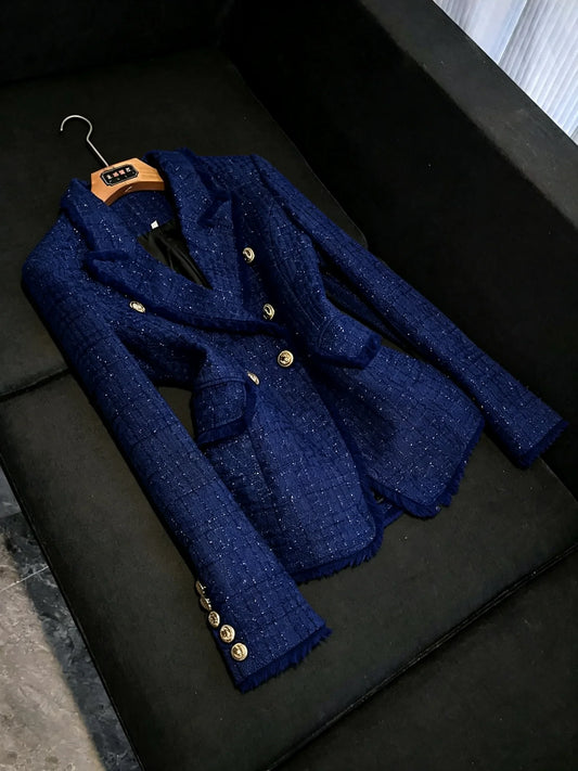 Slim Fit Deep Blue Long Sleeve Suit Coat for Women Commute Style Asymmetric Hem Tailored Jacket Business Casual Outerwear