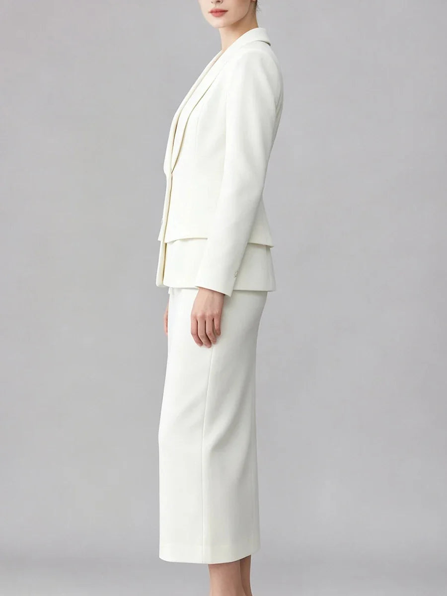 Women  Lapel Blazer Midi Skirt Single Breasted Slim Waist Long Sleeve Formal Office Business Outfit Set