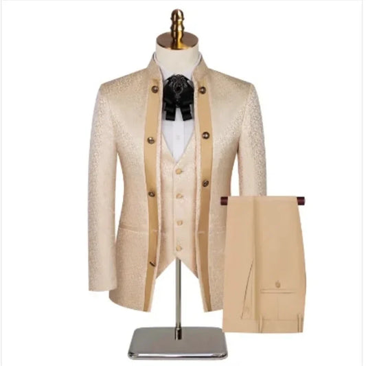 Handsome Men Suits Champagne Jacquard Slim Fit Single Breasted Blazer Elegant Business Prom Dinner 3 PCS Jacket Vest Pants Set