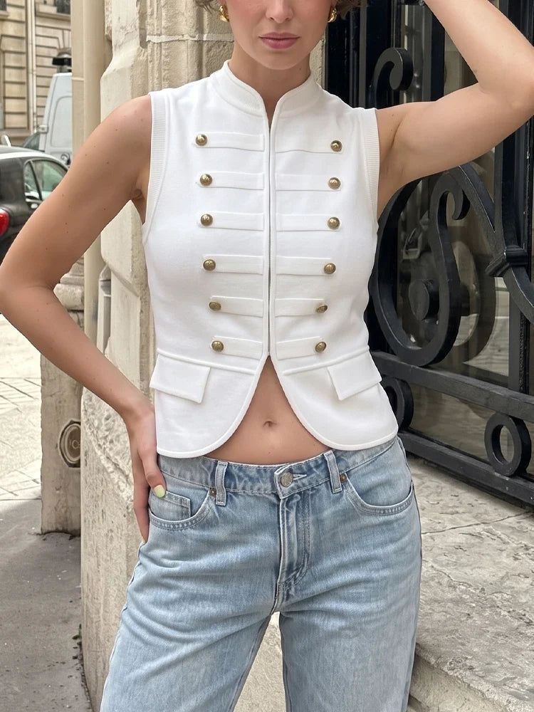Women Elegant Solid Sleeveless Vest Double Breasted Decorative Slim Fit Short Chic Top 2026 Summer Casual Beach Vacation Top
