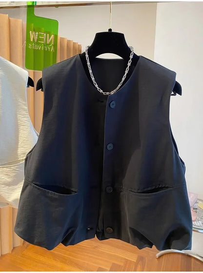 Vest Female Spring Autumn Casual Lined Waistcoat Women O-Neck Sleeveless Jacket Women Solid Single-breasted Vest Coat
