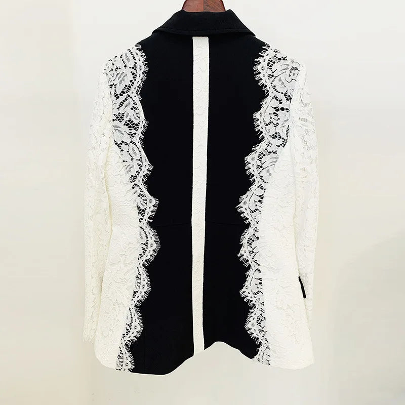 Autumn New Women Tide Chic Elegant Fashion Single Button Patchwork Lace Contrast Color Waist Cinching Pocket Blazer  HK7609