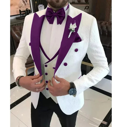Wedding Suits for Men Single Breasted Jacquard Jacket with Vest Pant 3 Pieces Peak Lapel Groom Tuxedo Male Fashion Suit