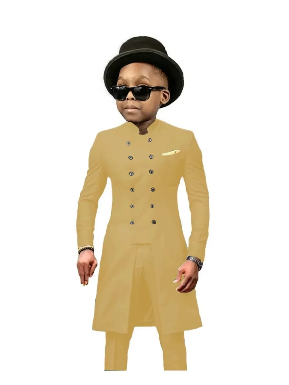 African Stand Collar Kids Long Suit Set 2 Pieces Wedding Guest Outfit Double Breasted Boys Formal Tuxedo Birthday Party Wear