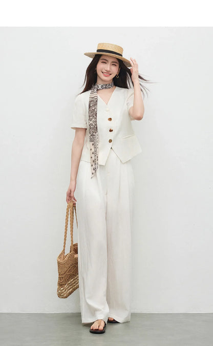 Commute V-Neck Short Sleeve Blazer Top Women 2026 Summer Fashion Color Block Wooden Button Slim Fit Jacket Q62XC7391