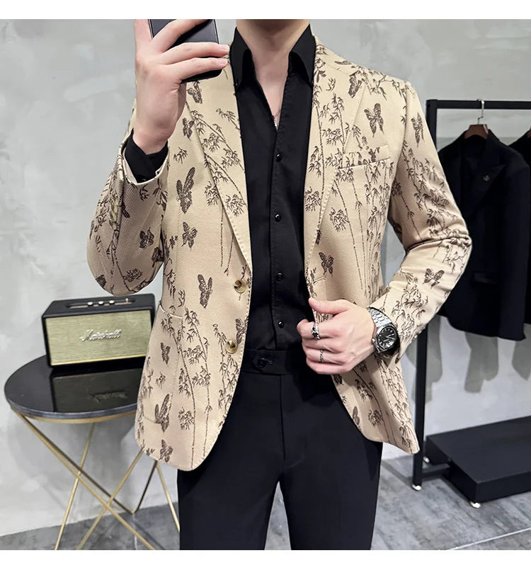 High-end Luxury Printed Slim Fit Suit Jacket For Men 2024 Autumn New Fashion Social Party Casual Suit Coat Swallowtail 4XL-M