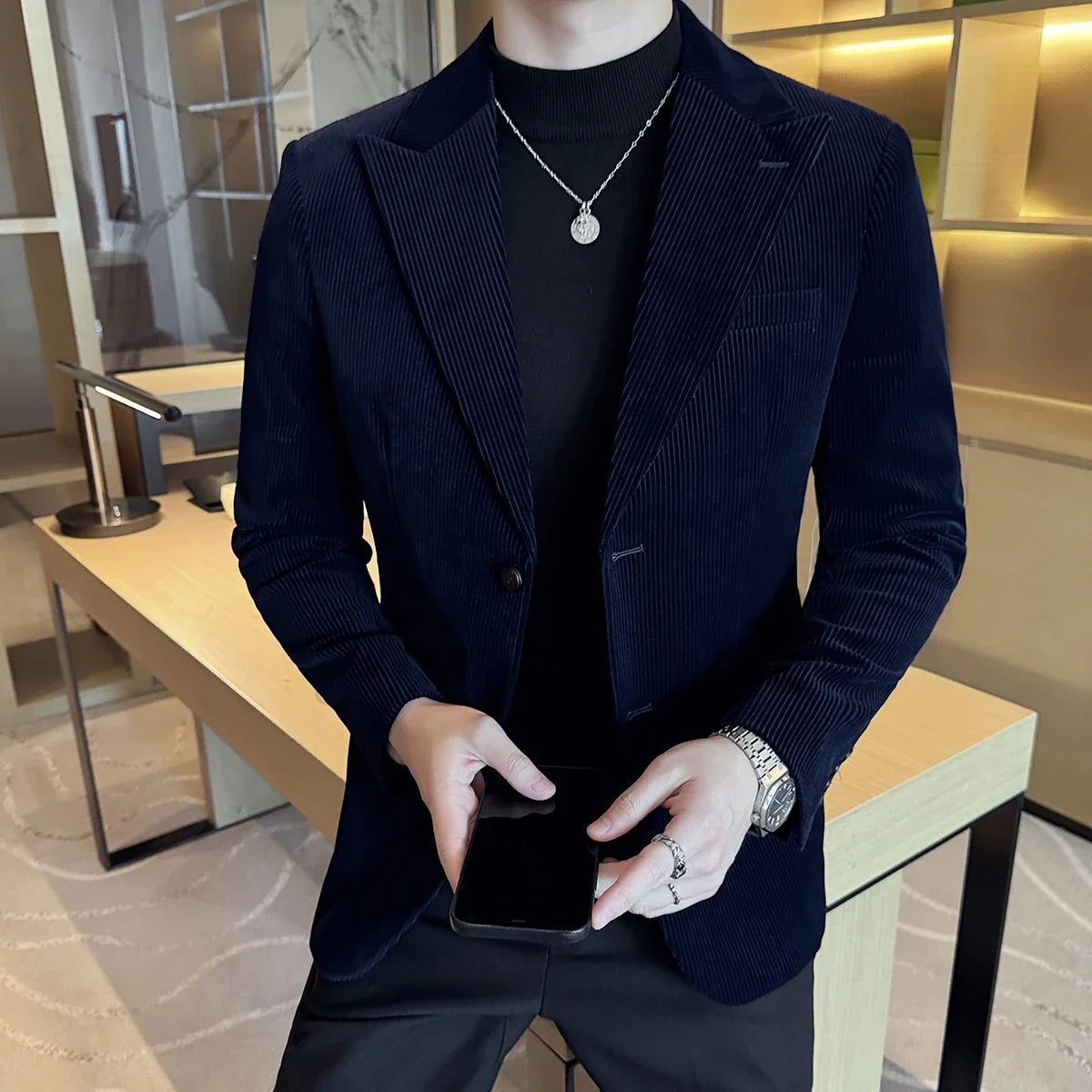 Corduroy Stripe Suit Jacket For Men Autumn Winter Business Slim Fit Tailcoat Formal Wedding Party Fashion Casual Suit Coat 4XL-M