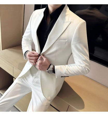 Jacket + Pants 2 Pieces Men's Elegant Fashion Slim Fit Suits Formal Business Wedding Tuxedos Casual Gentleman Solid Dress Suit