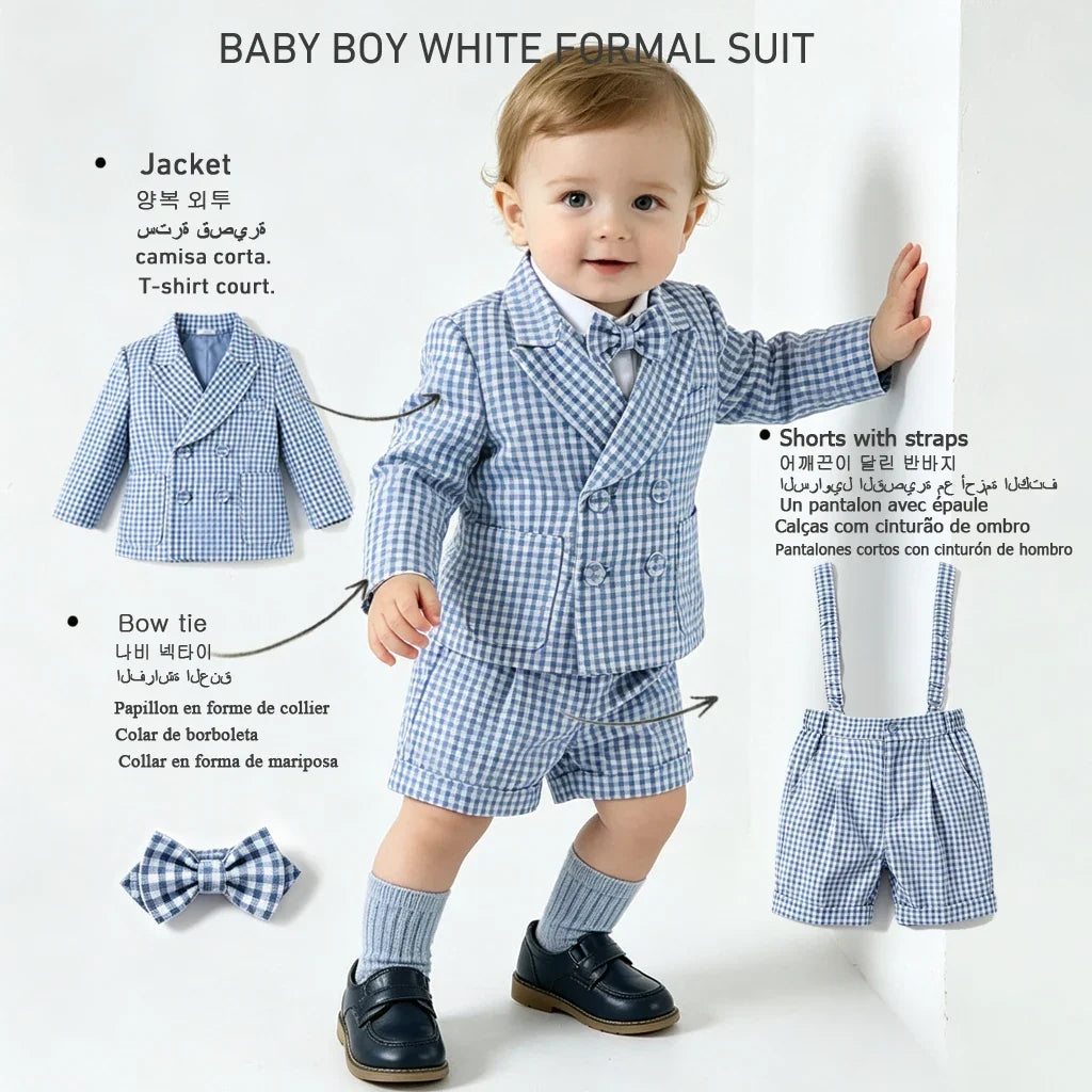 Toddler Baby Boy Checked Formal Suit Set 3 Pcs  Blazer Suspender Short Infant Gentleman Clothes For Wedding Birthday Photography