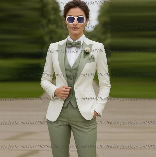Mint And White Formal Business Women Suit Wedding Party Prom Ladies Mother Girl Tuxedos Costume 3 Piece Set Blazer Vest Pants