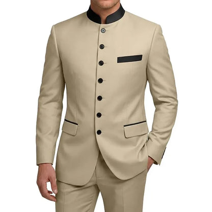 Men's 2-Piece Serge Suit Mandarin Collar Slim Fit Formal Set for Weddings and Business