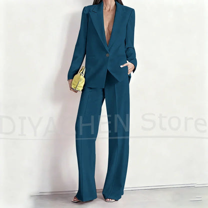Women's Suit Set Peak Lapel One Button Blazer and Wide-Leg Pants Fashion Formal Casual Party Office Stylish Pants Sets Two Piece