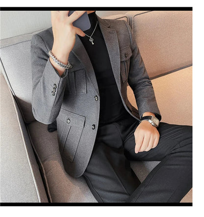 Winter Woolen Suit Jacket for Men Multiple Pockets Slim Fit Casual Business Blazers Masculino Wedding Streetwear Social Coats