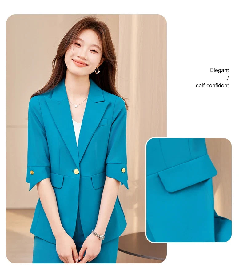 Fashionable professional women's wear, mid-sleeve suit jacket + pant. Exquisite elegant, new style for spring summer 2026