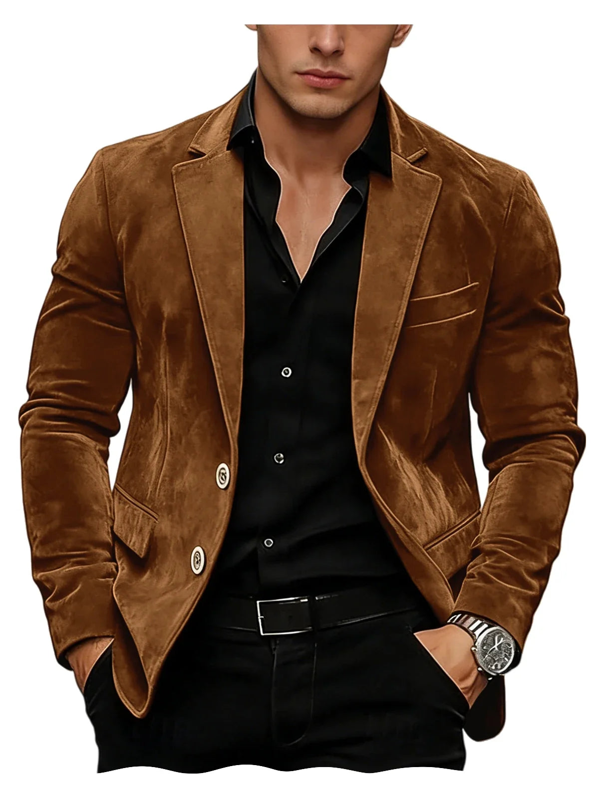 Men Suede Blazer Two Buttons Slim Fit Casual Formal Jacket Wedding Party Dinner Gentleman Sport Coat