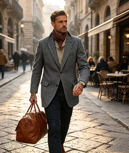 Mens Herringbone Tweed Blazer Vintage Wool Blend Houndstooth Jacket Regular Fit Notch Lapel Business Casual Outerwear Coat