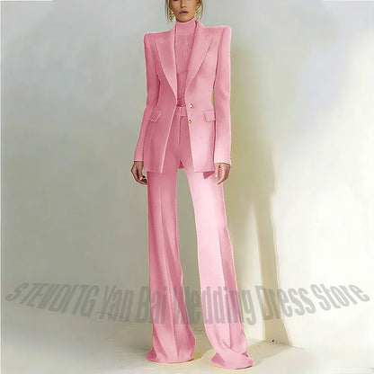 Women Pant Suit 2 Piece Set Office Female Business Work Formal Jacket Trouser One Button Chic Yellow Peaked Lapel Elegant Suit