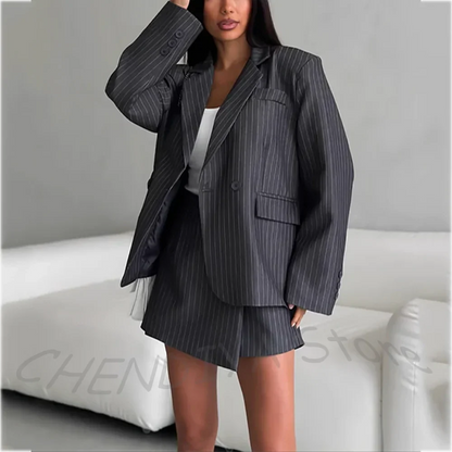 Stylish Notch Lapel Women Suits 2 Piece Jacket With Short Skirt Double Breasted Tailored Set Modern Style Chic Casual Outfit