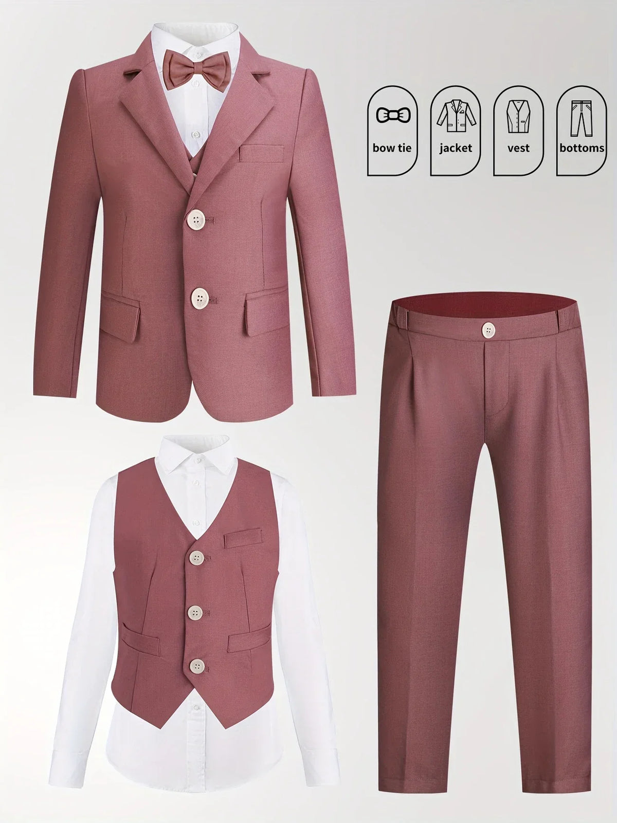 Boys Girls Spring Pink 4Pieces/Set Jacket Vest Pants Bowtie Wedding Suit Kids Photography Dress Children Host Piano Costume