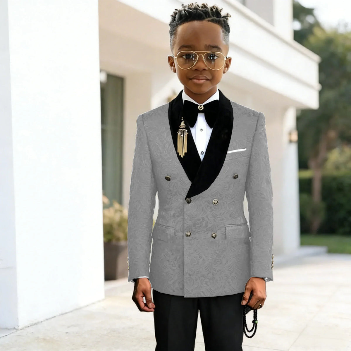 Black Jacquard Floral Boys Suits For weddings Children Suits Double Breasted Kid Wedding Prom Suits Blazers Sets For boys Tuxedo
