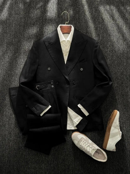 Men's Double-Breasted Linen Suit – Slim Fit Blazer & Pants Set for Wedding & Business