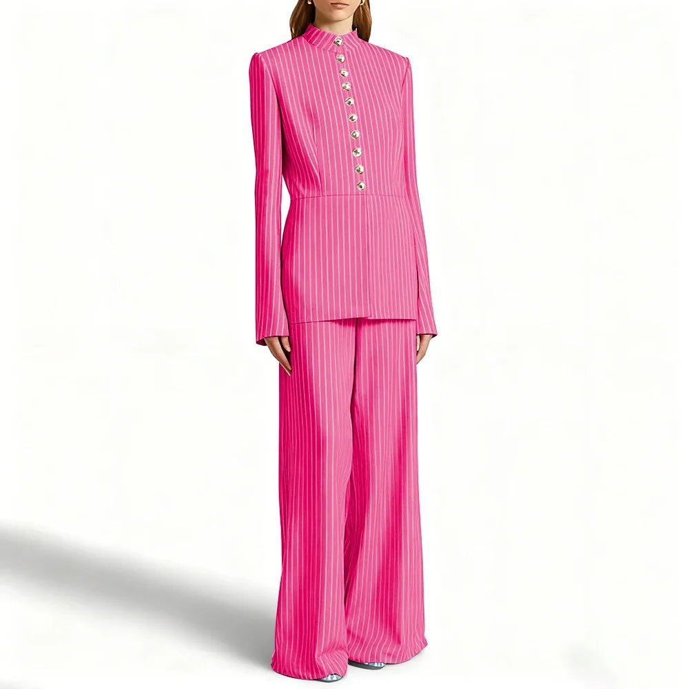 Elegant Women's Suits Pinstripe Two-piece(Jacket+Pants) Set with Stand Collar Gold Single Breasted Business Office Lady Outfit