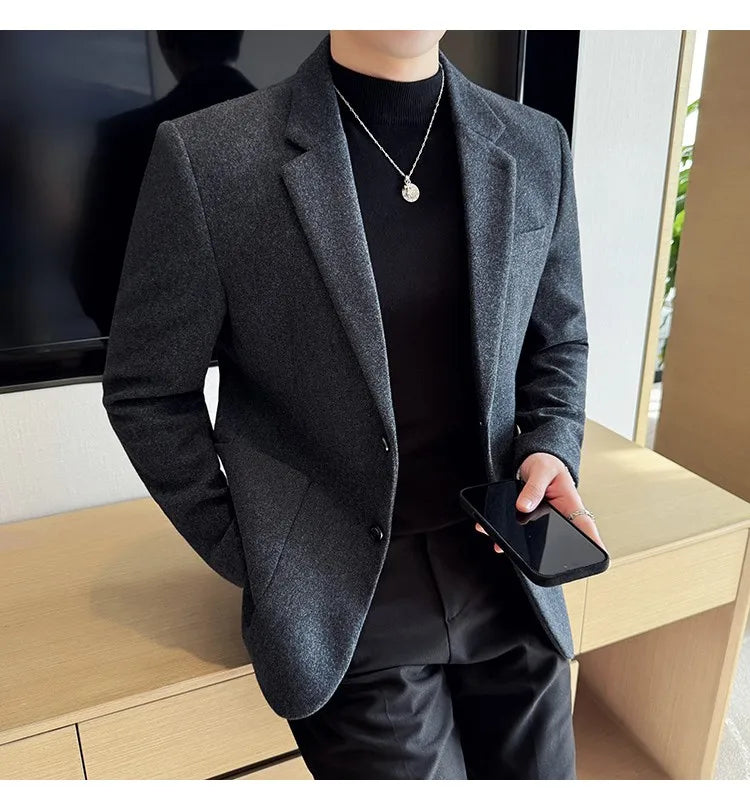 High Qualitys Thickened Wool Suit Jacket Autumn Winter New Luxury Solid Color Formal Men Business Slim Fit Social Party Tuxedo