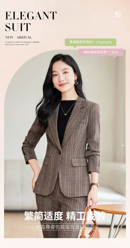Gray Coffee Striped Ladies Formal Pant Suit Set Women Female Business Work Wear Long Sleeve 2 Piece Blazer Jacket And Trouser