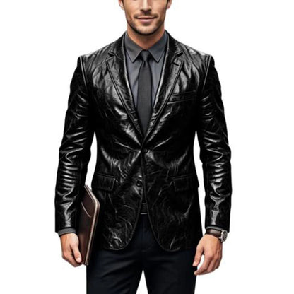 Vintage Wrinkled Men's PU Leather Blazer Slim Fit Notched Lapel Business Suit Jacket Two Button Casual Sport Coats for Office