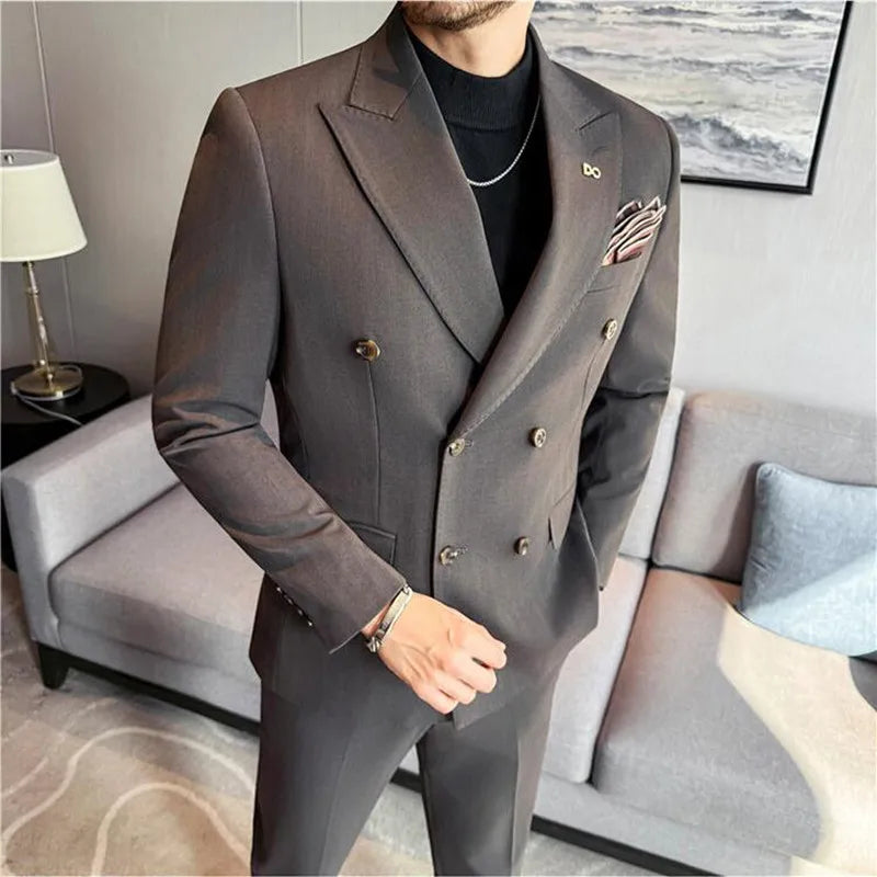 (Jackets+Pant) High Quality Dark Striped Double Breasted Suit Luxury Men Fashion Elegant Tuxedo Formal Groom Wedding Social Suit