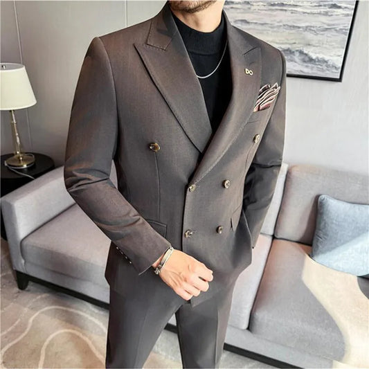 (Jackets+Pant) High Quality Dark Striped Double Breasted Suit Luxury Men Fashion Elegant Tuxedo Formal Groom Wedding Social Suit
