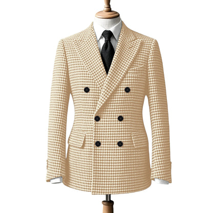 Men's Double Breasted Houndstooth Suit Jacket Classic Slim Fit Groom Wedding Blazer
