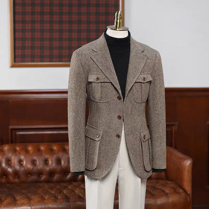 Men's Brown Herringbone Tweed Blazer Notch Lapel Single Breasted Jacket Business Wedding Prom Tuxedo Jacket Spring Autumn Top